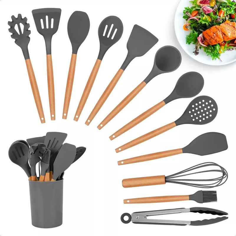 Kit Jogo 12 Peças Utensílios de Cozinha Silicone Colher Espátula kitchen Livre de BPA Antiaderente com Suporte