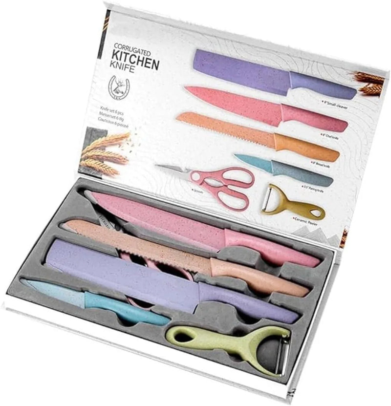 Conjunto Kit Profissional Colorido em Aço Inoxidável com 6 Peças para Churrasco e Cozinha Kitchen Tesoura Faca