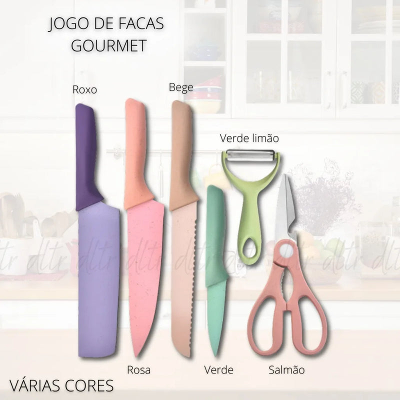 Conjunto Kit Profissional Colorido em Aço Inoxidável com 6 Peças para Churrasco e Cozinha Kitchen Tesoura Faca