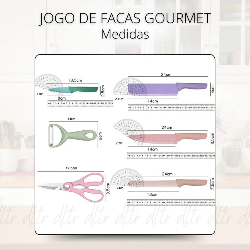 Conjunto Kit Profissional Colorido em Aço Inoxidável com 6 Peças para Churrasco e Cozinha Kitchen Tesoura Faca