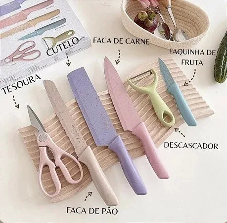 Conjunto Kit Profissional Colorido em Aço Inoxidável com 6 Peças para Churrasco e Cozinha Kitchen Tesoura Faca