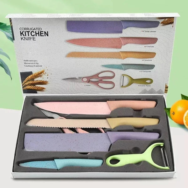 Conjunto Kit Profissional Colorido em Aço Inoxidável com 6 Peças para Churrasco e Cozinha Kitchen Tesoura Faca