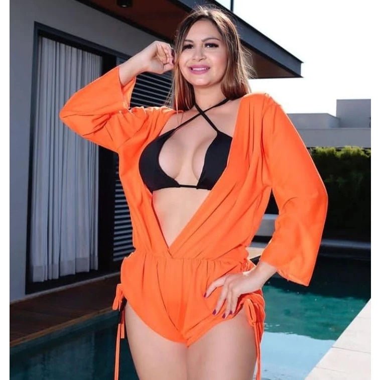 Summer Fashion Polyester V Neck Long Sleeve Jumpsuit Beach Outup