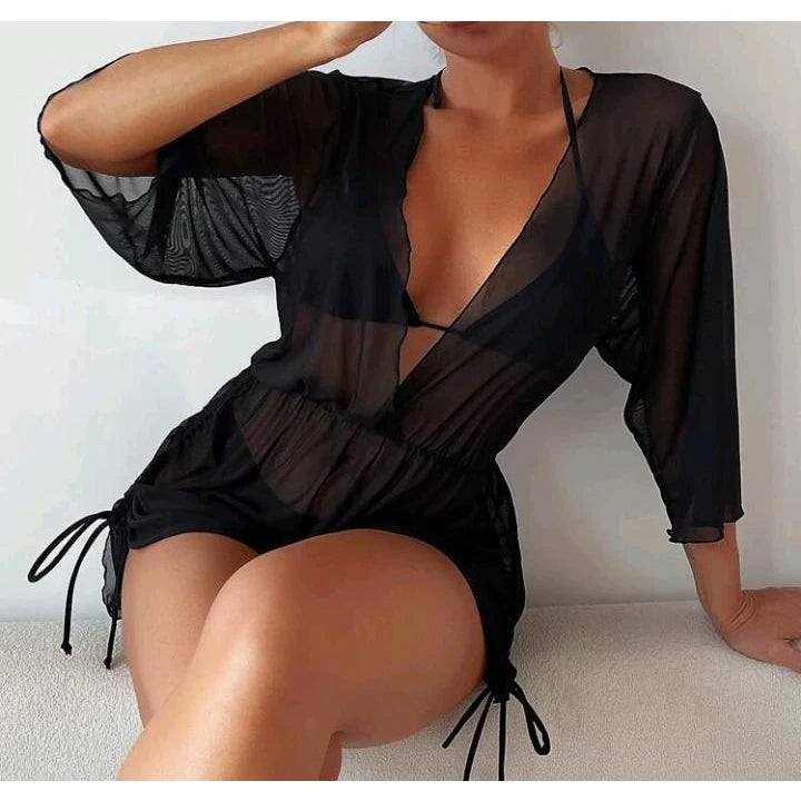 Summer Fashion Polyester V Neck Long Sleeve Jumpsuit Beach Outup