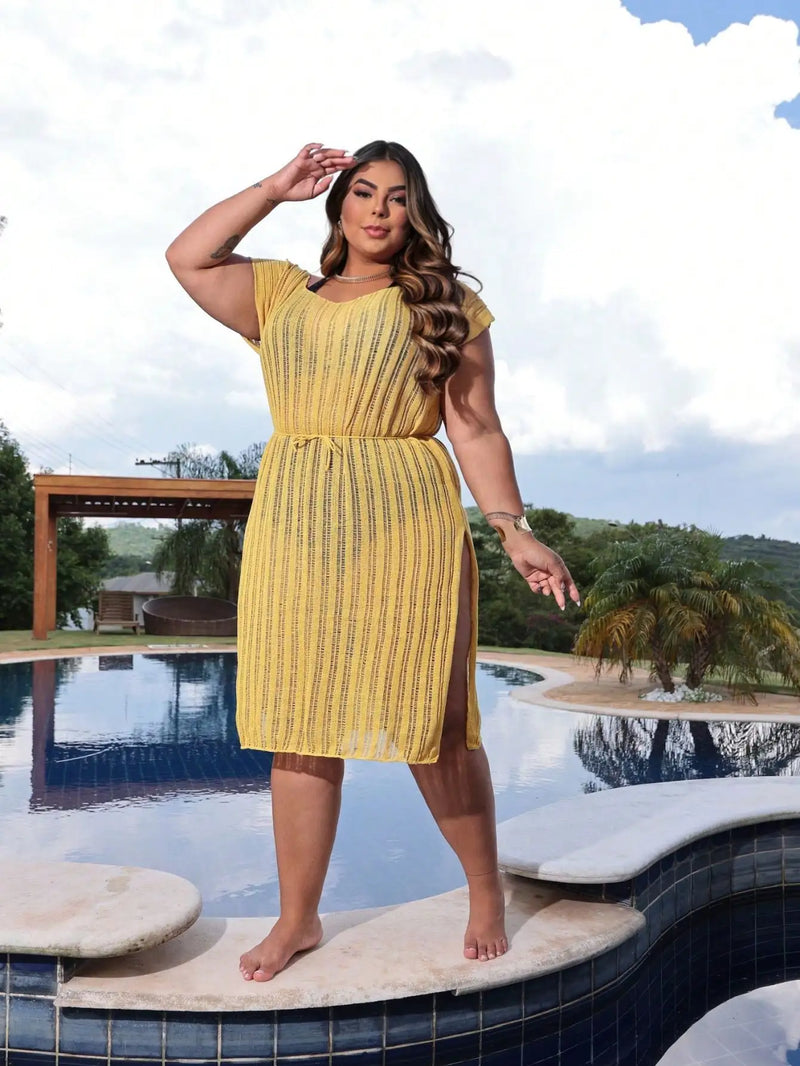 Saida de Praia Plus Size Listras Big Fashion Decote Slip