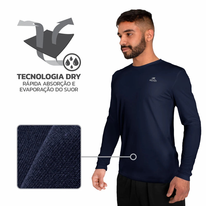 Camisa Básica Masculina -Proteção UV50-Manga Longa-Corrida, Caminhada e Academia