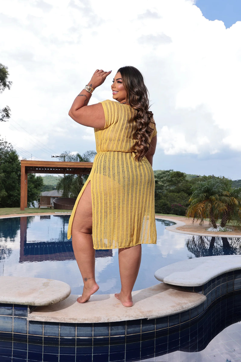 Saida de Praia Plus Size Listras Big Fashion Decote Slip