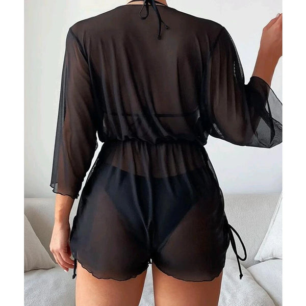 Summer Fashion Polyester V Neck Long Sleeve Jumpsuit Beach Outup