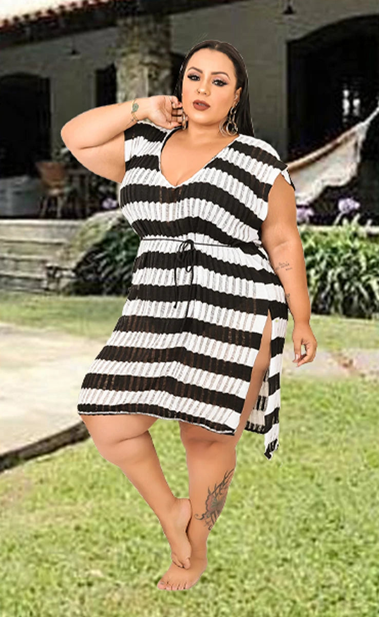 Saida de Praia Plus Size Listras Big Fashion Decote Slip